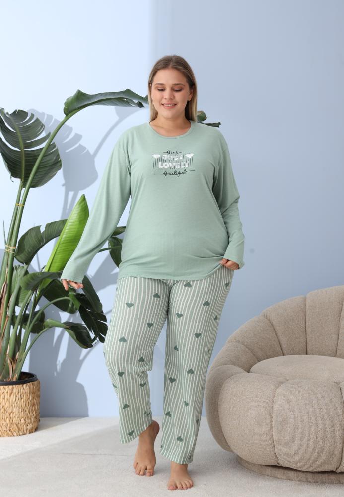 Pijama Dama ,Big Size ,''JUST LOVELY" cu Pantloni si Maneca lunga, Culoare Verde,Engros